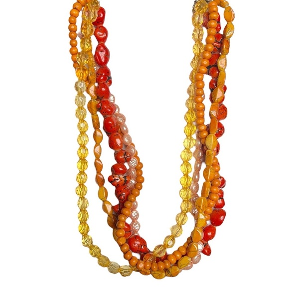 Vintage Jewelry - Vintage Beaded Multi Strand Adjustable Necklace Orange Yellow Red